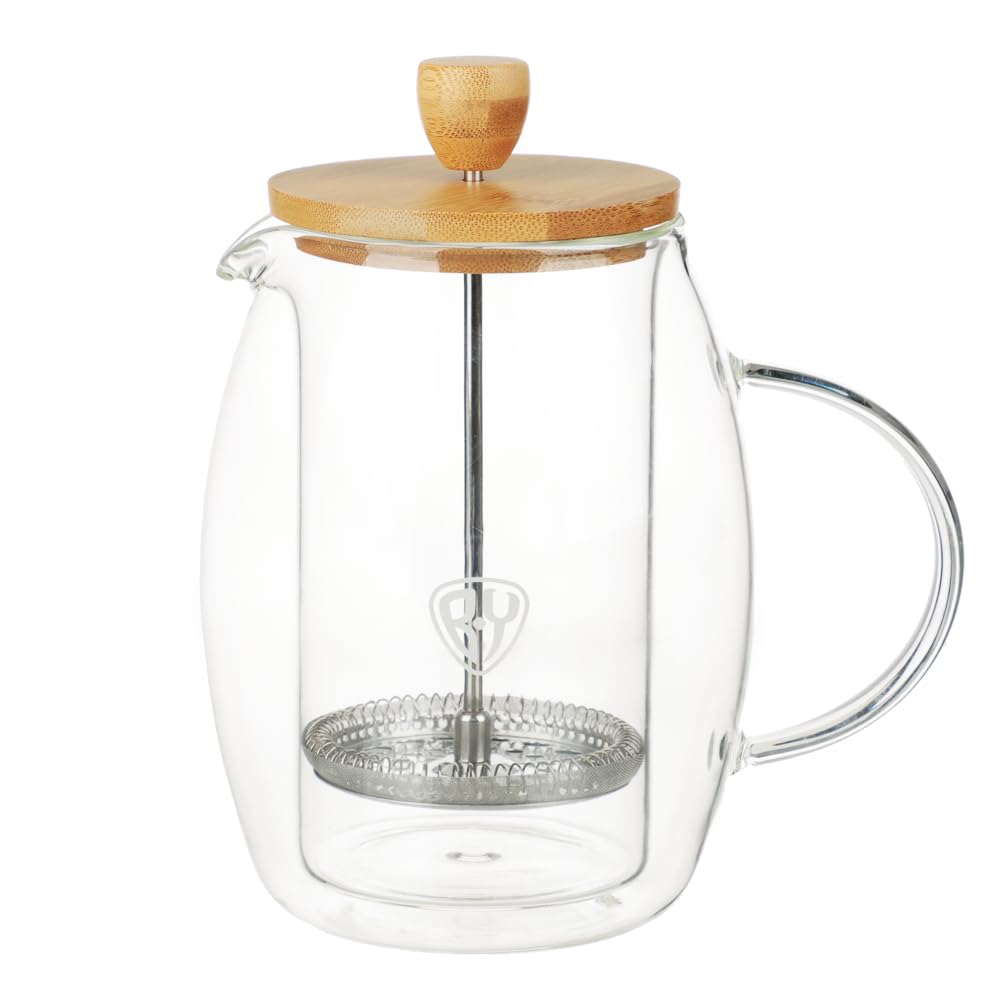 BYWORLD French Press Coffee & Tea Maker 600ml Double Walled Glass with Stay Cool Handle Dishwasher Safe Stainless Steel and Bamboo Lid