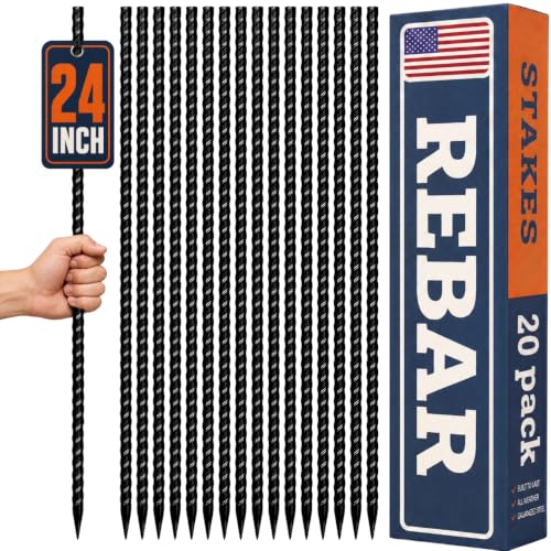 Image of Happin 24 Inch Rebar Stakes, Straight Garden Stakes Heavy Duty Galvanized Metal Stakes, Landscape Timber, Concrete Form, Tree & Plant Support, Yard Stakes, Ground Anchors (I Shape - 20 Pack)