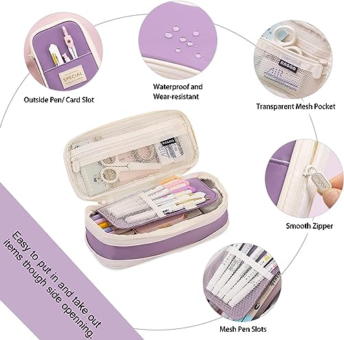Image of PRANIJ Cute Aesthetic Large Capacity Expandable Pencil Case Pouch with Zipper Portable Office Stationery Desk Organizer for School Collage Boys Girls Adults Women Men (Rich Purple)