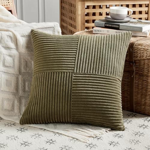 Image of Fancy Homi 2 Packs Olive Green Decorative Throw Pillow Covers 18x18 Inch for Living Room Couch Bed Sofa, Rustic Farmhouse Boho Home Decor, Soft Corss Corduroy Patchwork Textured Cushion Case 45x45 cm