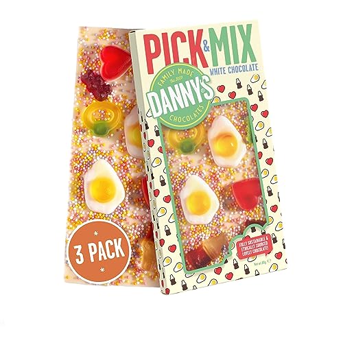 DANNY'S Pick 'n Mix Barra de chocolate blanco – 4 x 80 g – Cubierto en dulces surtidos y 1000 s – Paquete múltiple de barras de chocolate