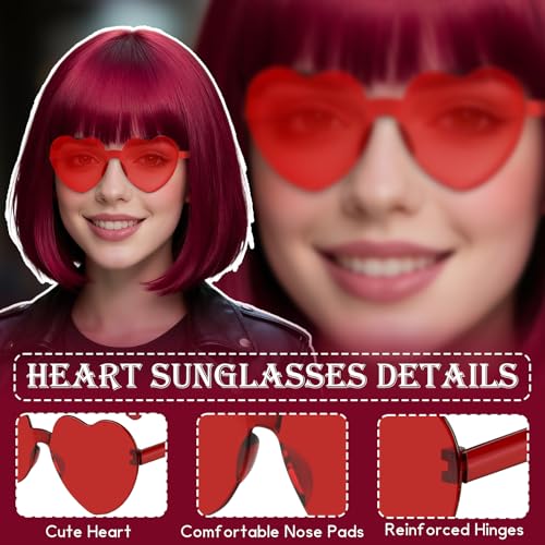 Image of PLULON Burgundy Short Bob Wig with Bangs for Women, Colorful Neon Short Bob Synthetic Hair Wigs with Hair Cap Heart Sunglasses for Adults Girls Daily Bachelorette Halloween Costume Party Supplies