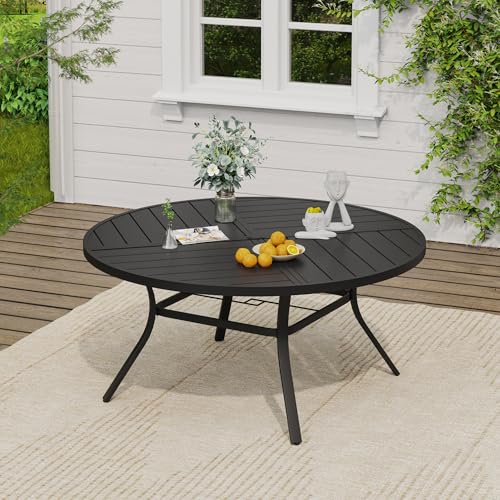 Image of VICLLAX 53 inch Round Outdoor Table, Patio Dining Table for 8 with Umbrella Hole for Garden Lawn Deck Backyard, Black