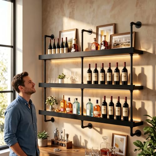 Image of HOUSESET 36 /48 /60 /72 /84in Wine Wall Rack with Led Lights, 3-Tiers Modern Pipe Liquor Bottle Display Shelf, Bar Shelves Wall Mounted for Commercial Bar, Restaurant, Home
