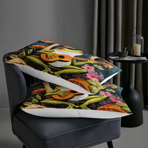 Image of AILONEN Funny Frog Comforter Set Twin Size,Cartoon Red Mushroom Bedding Sets,Natural Plants Duvet Set,3 Pieces,1 Quilt and 2 Pillowcases,Microfibre