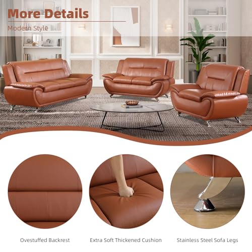 Image of Leather Sectional Couch, Furniture for Living Room, 3 - Piece Couch Set, Faux Leather Modern Sofa Loveseat Chair Set with Sturdy Legs for Living Room /Bedroom /Office,Bright Bronze