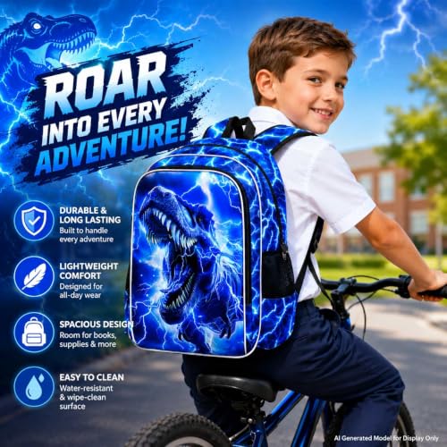 Image of 17 inch Dinosaur Backpack, Boys Lightning Kids Bookbag with Lunch Box, 3Pcs Dino School Backpacks for Elementary Preschool Kindergarten (Blue)