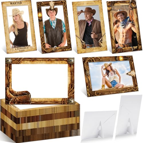 Image of AmazingSpark 50 Pack Western Cowboy Paper Photo Frames, Wanted Party Picture Frames, Wild West Photo Booth Table Decor, 5 Designs for Cowboy Rodeo Western Theme Party Decorations