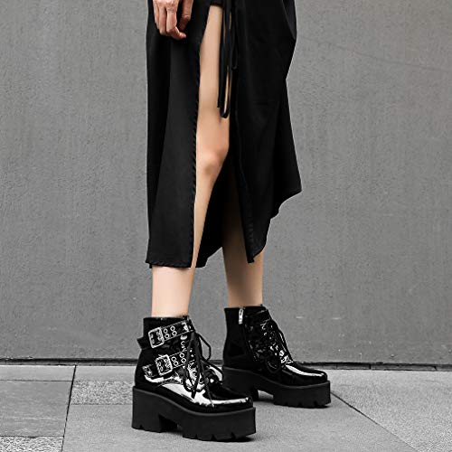 Image of Parisuit Womens Goth Patent Ankle Boots Platform Chunky Combat Boots