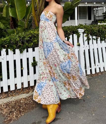 Image of Women Floral Print Maxi Tube Dress Strapless Flowy Long Bandeau Dress Y2K Open Back Sundress Summer Beachwear