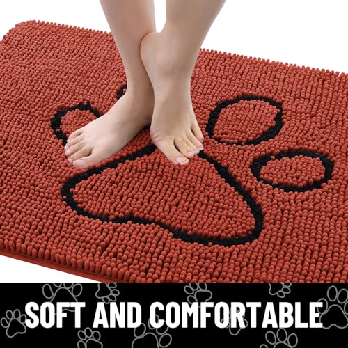 Image of Smiry Dog Door Mat for Muddy Paws, Absorbent Dirt Trapper Non Slip Quick Dry Washable Chenille Mat for Mud Dogs, Entry Rug for Indoor and Outdoor (48x30 Inches, Maple Red and Black)