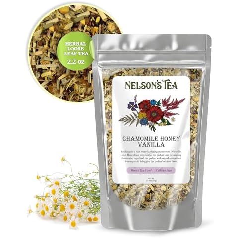 Nelson's Tea Chamomile Honey Vanilla- Herbal Loose Leaf Tea, Curated Blend with Honeybush, Chamomile, Lemongrass, Licorice Root, Toasted Coconut, and Bee Pollen- Perfect for Bedtime Brew 2.2 Oz Cover