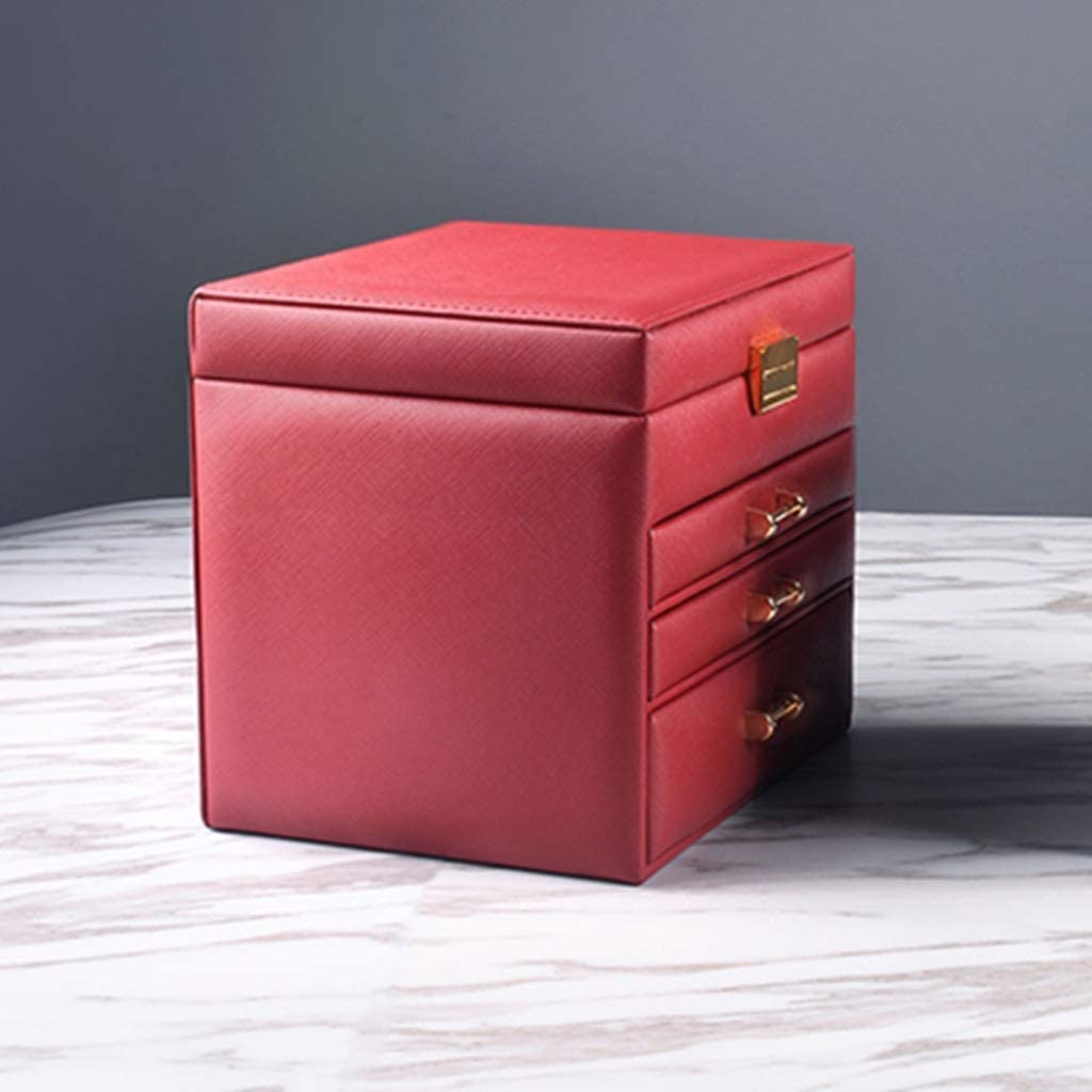 XBTGS Joyero organizador de joyas de 4 capas con cajón, organizador de joyas, caja de almacenamiento portátil de joyería de piel sintética, exquisitas cajas de joyería, A-rojo,