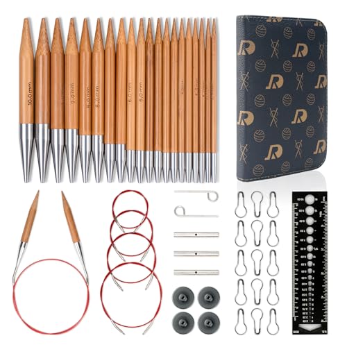RUIDI Rundstricknadeln Set Rundstricknadeln Set Austauschbar mit Tasche & Zubehör 10 Paare Rundstricknadel-Set (10cm) in Größen von 3 5 mm bis 10 mm (Bambus)