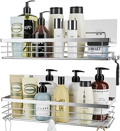 Orimade Shower Caddy with 5 Hooks Organizer for Hanging Razor and Sponge Bathroom Basket Adhesive Shower Shelf Storage Kitchen Rack Wall Mounted No Drilling Rustproof Stainless Steel - 2 Pack