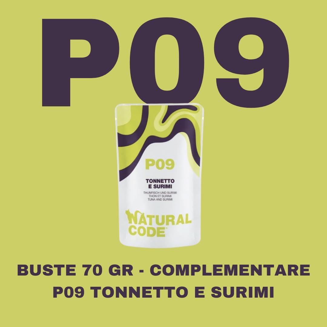 Natural Code húmedo para gatos adultos con sabor a atún y surimas, número P09, suaves sacapuntas en agua de cocción para gatos adultos de todas las tallas, altamente digerible | 12 sobres de 70 g