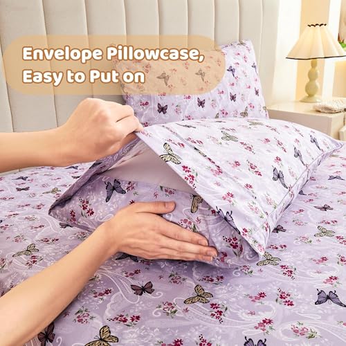 Image of Softan Purple Floral Bed Sheets Full, Paisley Flower Printed Sheet Set, Cozy Microfiber Fitted Sheet with 15 inch Deep Pocket & Non-Slip Straps, Butterfly Patterned Sheets & Pillowcase Set