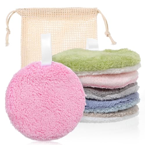DOPENSPI 6 Pcs Reusable Makeup Remover Pads 6 Colors Soft Coral Fleece Facial Cleansing Rounds with Mesh Bag For Face