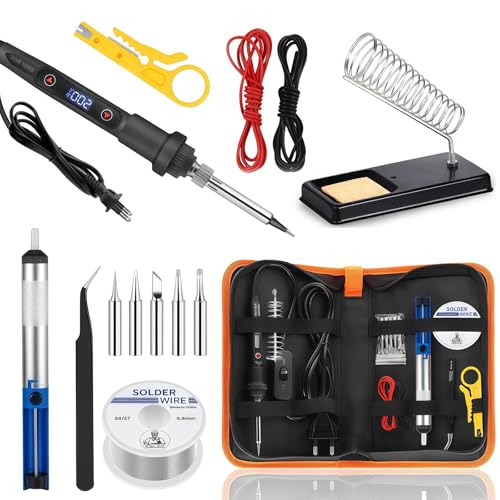 80W Soldador Estaño Kit 13 en 1 con Temperatura Ajustable 180-500°C, Soldador Profesional con 5 Puntas, Bomba Desoldadora, Soporte, Pinzas, Alambre para Soldar