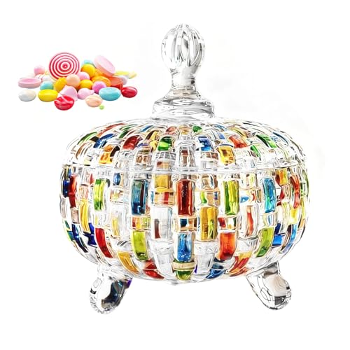 Ysislybin Pot de Bonbons, Bocal à Bonbons en Verre de 685 ml avec Couvercle Boîte à Sucre en Verre Tissé Coloré Peint à la Main pour Fête Mariage Anniversaire...