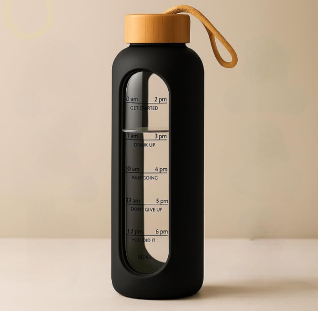 Glass Water Bottle 1 litre with Protective Silicone Cover Borosilicate Glass water bottle 1 ltr Airtight, Leak-Proof Bamboo Lid,BPA-Free, Eco-Friendly,Reusable |Time Marker, Motivational (BLACK)-image-5