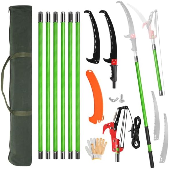 26ft Extendable Manual Pole Saw Set for Tree Pruning, Adjustable Fiberglass Handle Yard Trimmer with Alloy Steel Blade, Rope Pull Cutter System, Includes Gloves and Bag for Tall Branches and Shrubs