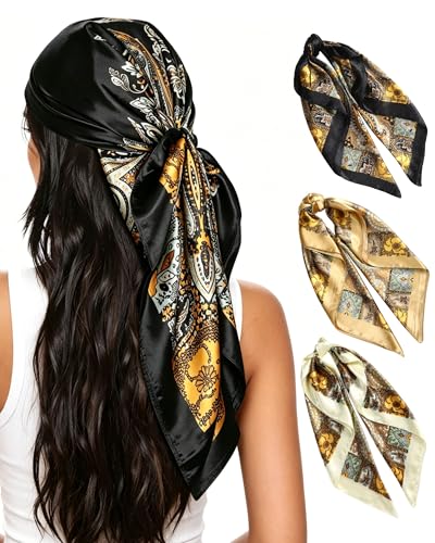 AWAYTR 35” Large Square Satin Head Scarf - 3Pcs Satin Hair Scarves Silk Feeling Bandana Headscarf for Women (Cashew(Camel/Black/Beige))