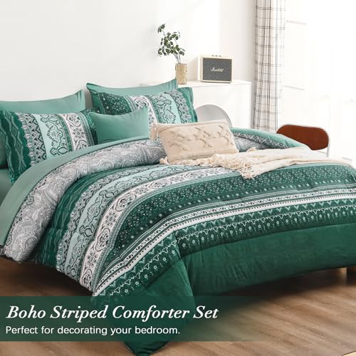 Image of Cottolester Boho Comforter Set Full Size,8 Pieces Teal Green Bohemian Striped Bed in a Bag,Paisley Soft Microfiber Bedding Comforter Set