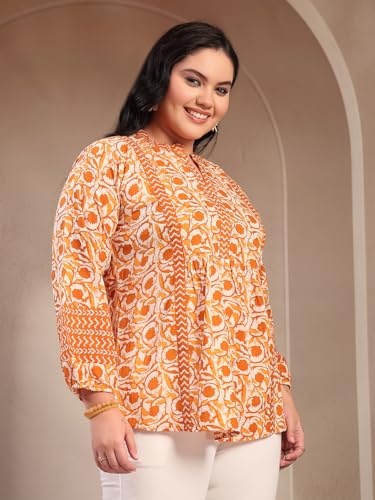 Image of Stylum Women's Plus Size Blue Floral Printed Pure Cotton Top | Plus Size Tops for Women Short Kurti
