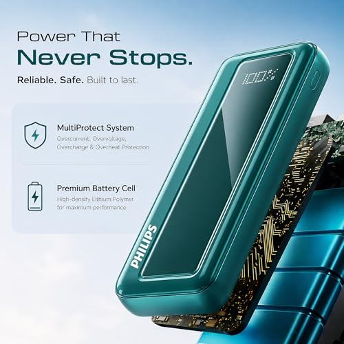 Image of Philips 10000mAh 22.5W Fast Charging Power Bank (Deep Cyan) with Digital LED Display | Type-C & USB-A Input /Output | 3 Output Ports | Lithium Polymer Battery | Portable for Mobile, Tablet & Earbuds