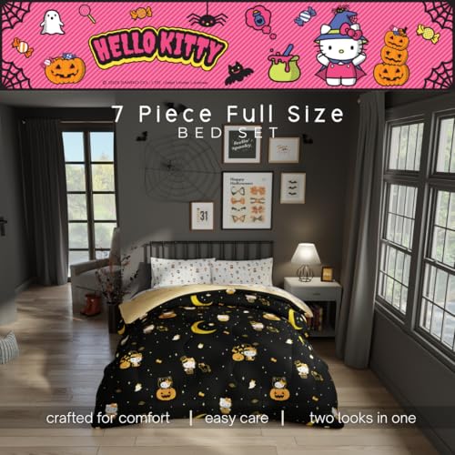 Image of Sanrio Hello Kitty Halloween Pumpkin Full Bed Set - Super Soft & Cozy 5 Piece Reversible Comforter and Sheet Set (Officially Licensed Product) by Franco