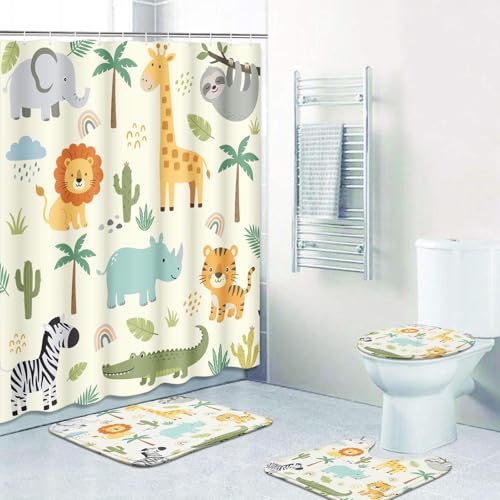 Britimes 4 Piece Shower Curtain Sets, Safari Kids Animals Cute