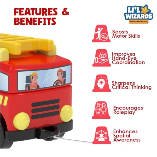 Image of Li'l Wizards Build Your Own Fire Truck Toy|Build Stack Play|Construction & Stacking Blocks for Kids|Shape Identification STEM Learning & Developmental Toy|Pull Along Vehicle|Gift for 2-5 Years Kids