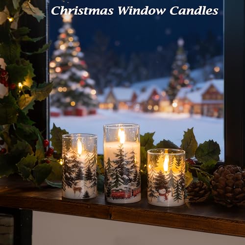 Image of LUSHARBOR LUSHABOR Christmas Flameless Candles, 3 Pack Battery Operated Candles for Christmas Mantel Decor, Glass LED Flickering Candles Home Xmas Party Holiday D3 H4 5 inch 6 inch, Trees
