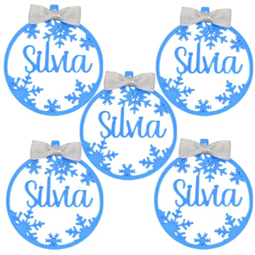 Bola de Navidad Personalizada con Nombres – Adorno navideño con Copos de Nieve, Lazo y Cuerda incluidos – Decoración para árbol o Regalo Personalizado – Packs de 1/2/3/4/5 Bolas (5, Azul)