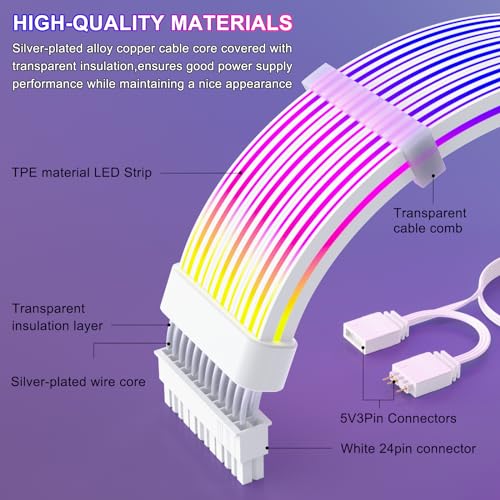Image of Sirlyr 24 Pin RGB PSU Cables,ARGB PC Cable for Motherboard Power Supply Extension - 5V 3Pin Addressable Four Sides Lighting RGB Strips Decor Computer Case White