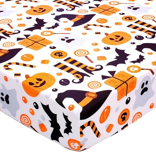 Image of UOMNY Halloween Pumpkin Crib Sheet for Boys Girls Pumpkin Ghost Fitted Crib Sheets for Standard Crib 52 X 28 Inch Toddler Crib Mattresses Sheet