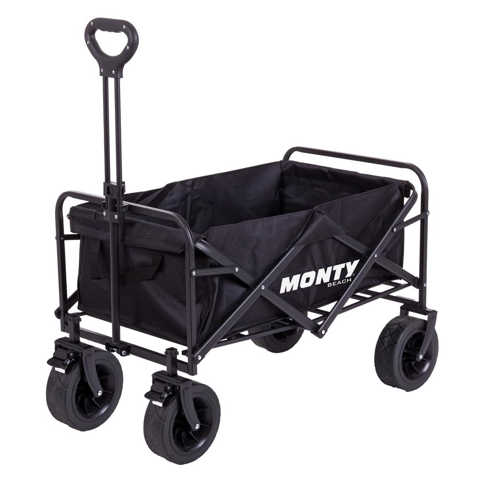 MONTY Carretilla Trolley Plegable Negro | Gran Capacidad 100 litros, 60 Kg | Estructura Acero con Pintura Anticorrosión, Mango Telescópico y Ruedas Giratorias Todoterreno con Freno | 2 Portabotellas