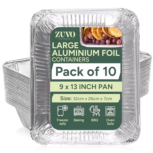 Zuvo - Large Foil Aluminium Trays 32 x 26 x 7cm (10 Pack) | Heavy-Duty Disposable Food Containers for Cooking, Baking, Roasting, BBQ, Meal Prep & Catering - Oven & Freezer Safe (No Lids)
