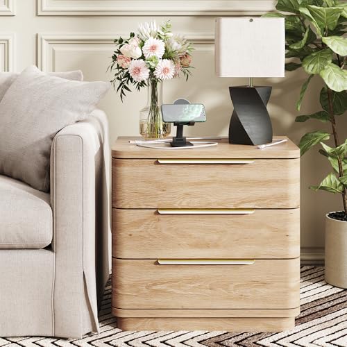 Image of Nightstand Bedside Table with 3 Storage Drawers, 24 inch Tall Wood Night Stand with Charging Station, Modern Wide End Table Side Table W /Metal Handle Curved Profile for Bedroom
