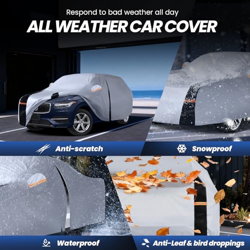 Image of Multi-Layer Car Cover Custom Fit for Volvo XC90(2015-2026), 100% Waterproof All Weather for Automobiles, Gift with Towel, Heavy Duty Car Covers for Rain Sun UV Protection with Door Zipper