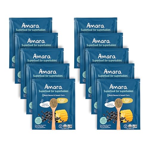 Image of Amara Organic Baby Food - Stage 3 - Black Bean & Sweet Corn - Baby Cereal to Mix With Breastmilk, Water or Baby Formula - Shelf Stable Baby Food Pouches Made from Organic Veggies - 10 Pouches, 3.5oz Per Serving