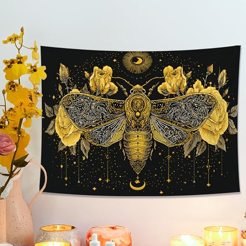 Tapiz de polilla negro y dorado, colgante de pared floral para decoración bohemia de habitación, estética mística para dormitorio, sala de estar, dormitorio, 48 x 36 pulgadas