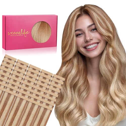 Image of WENNALIFE Tape in Hair Extensions Human Hair, 40pcs 80g 12 inch Ash Beige Blonde Blend Hair Extensions Real Human Hair Straight Tape in Extensions Invisible Human Hair Extensions Reusable Real Hair Ex