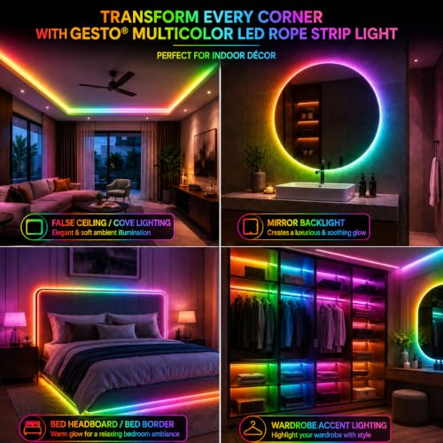 Image of Gesto 10 Meter Multicolor LED Rope Strip Light | IP65 Waterproof Indoor & Outdoor Lights for Balcony, Home Decor & Cove Light for Ceiling | 8 Flashing Modes RGB Strip Light for Diwali Decoration