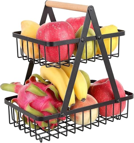 Image of Go Hooked 2-Tier Storage Basket | Multifunctional Metal Fruit Basket for Display Table, Dining Table, Room Desk (Black)