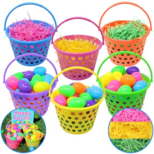 JOYIN 6 Pieces Easter Plastic Baskets with Handle Easter Eggs Hunt Bucket Bags Filled with 55g Tricolors Grass for Garden Party Favors Decorations Goody Basket Fillers Stuffers Toy(9x 7.4)