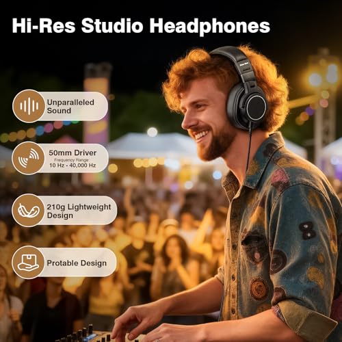 Image of New Bee Studio Headphones, Wired Headphones with 50mm Drivers, Professional DJ Headphones for Recording Mixing Podcast Guitar Piano, 210g Ultra-Lightweight Design, 3.5 /6.35mm Jack