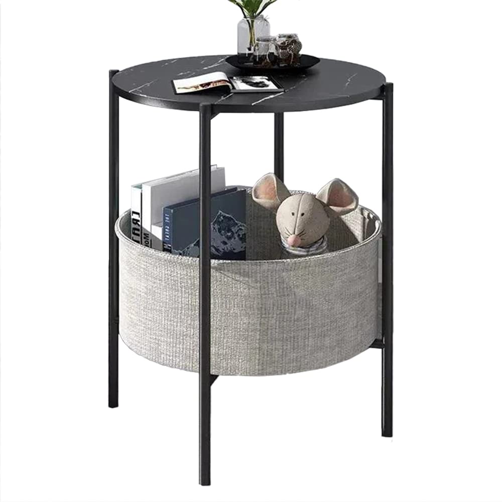 TOMVAES Round End Table, 2-Tier Side Table with Storage Basket Shelf, Nightstand Side Table for Living Room Bedroom Balcony, Industrial Wood Look with Metal Frame