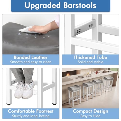 Image of 29 Inch Bar Height Bar Stools Set of 2, 29 inch Barstools for Kitchen Island Counter, Backless Bonded Leather Bar Height Stools with Thick Saddle Seats & Heavy Duty Metal Base, Easy Assembly, Gray /White